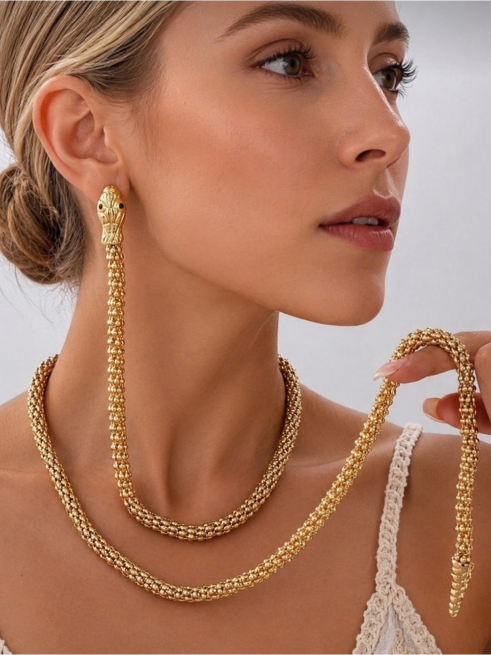 Gold Snake-Head Long Chain Necklace Earring